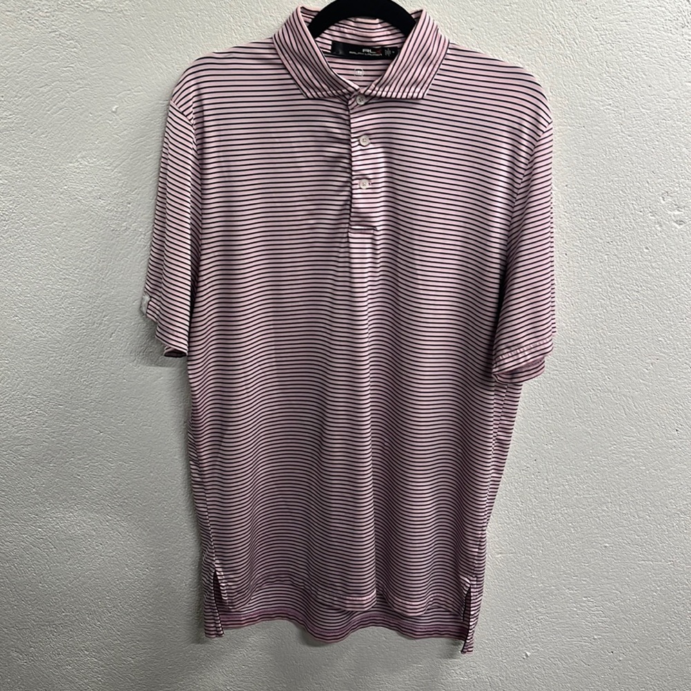 Pink RLX polo with white and navy blue stripes
